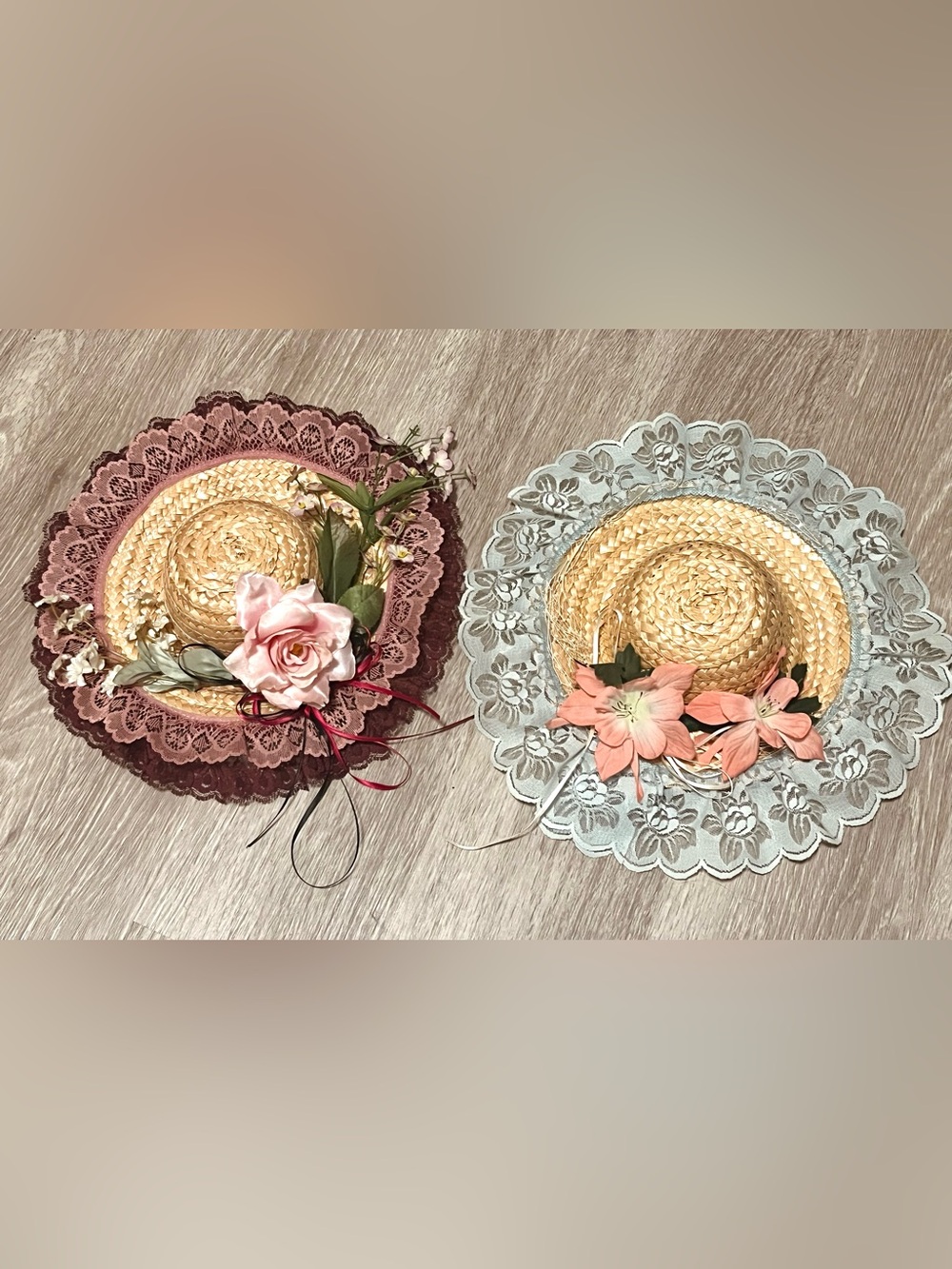 Victorian vintage style straw doll hats set of 2